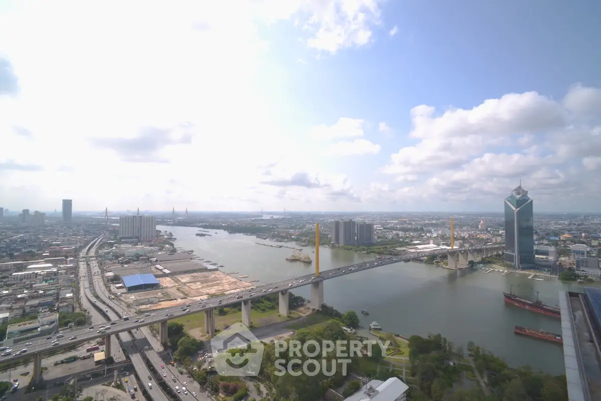 Stunning aerial view of cityscape with river and bridge, showcasing urban development and scenic skyline.