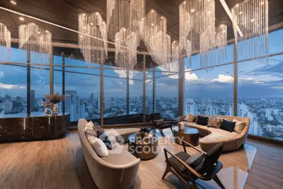 Luxurious penthouse living room with panoramic city view and elegant chandeliers.