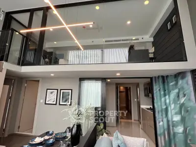 Luxurious modern duplex living room with high ceilings and elegant decor