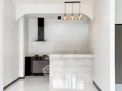 Modern minimalist kitchen with sleek marble countertop and stylish lighting