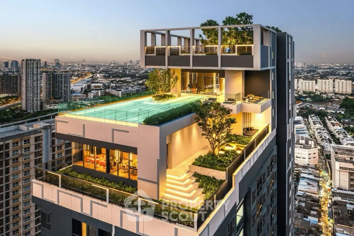 Stunning rooftop pool and garden on a modern high-rise with panoramic city views.