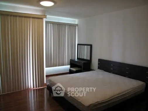 Spacious bedroom with modern furniture and natural light