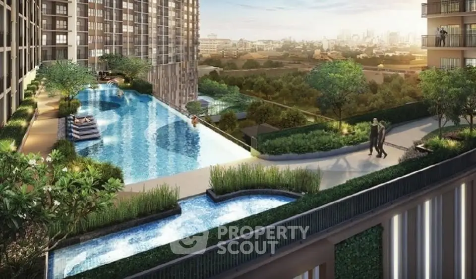 Luxurious high-rise condo with stunning pool and city view, perfect for urban living.
