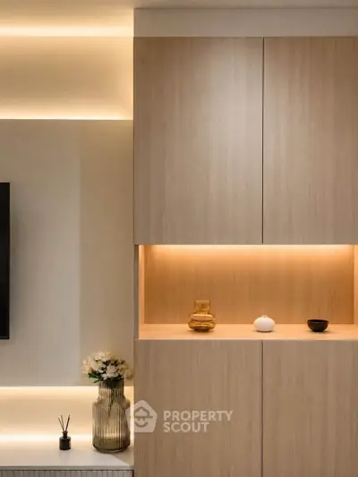 Modern living room with elegant wooden cabinetry and ambient lighting