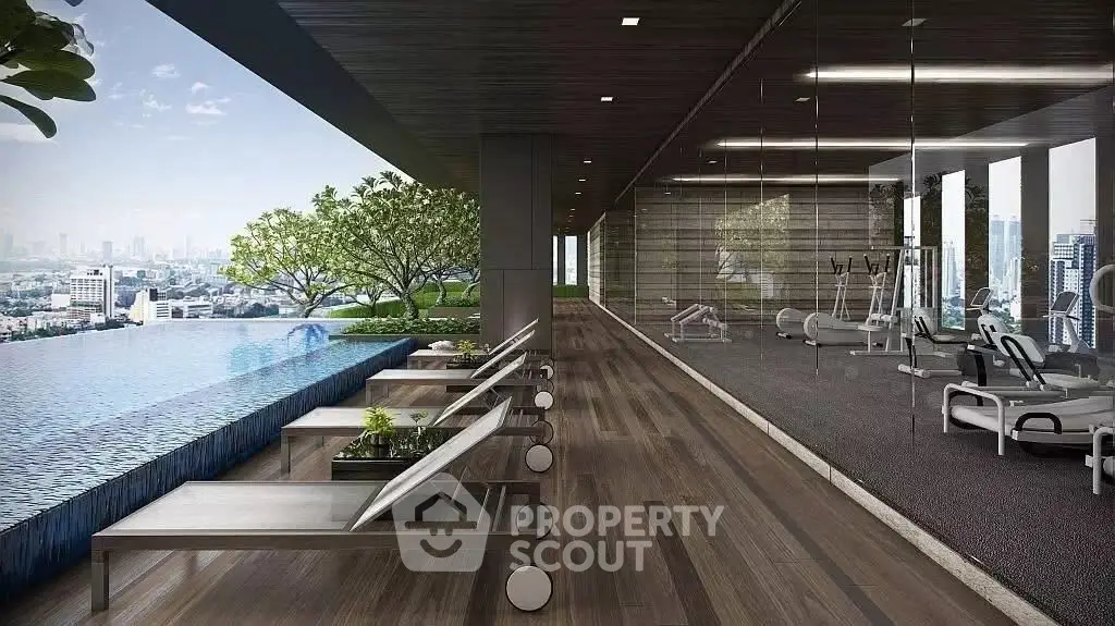 Luxurious rooftop gym and infinity pool with stunning city views in modern high-rise building.