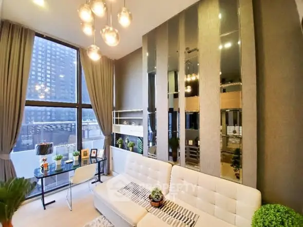 Modern living room with large windows and stylish decor in urban apartment