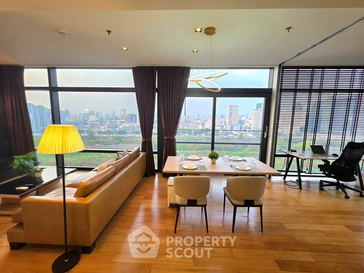 Luxurious living room with panoramic city view, elegant dining area, and modern decor.