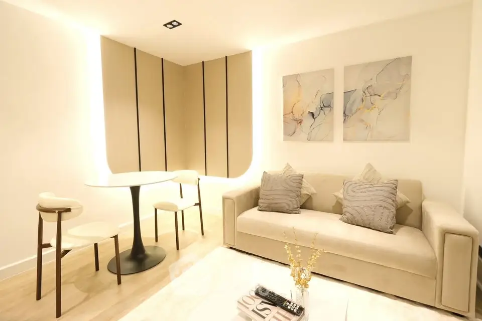 Modern living room with elegant decor and cozy seating area