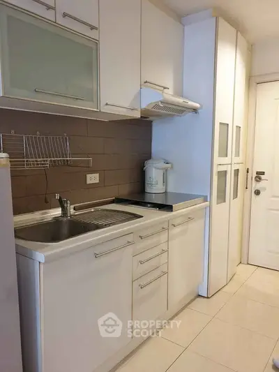 Modern kitchen with sleek cabinetry and stainless steel sink in a compact layout.