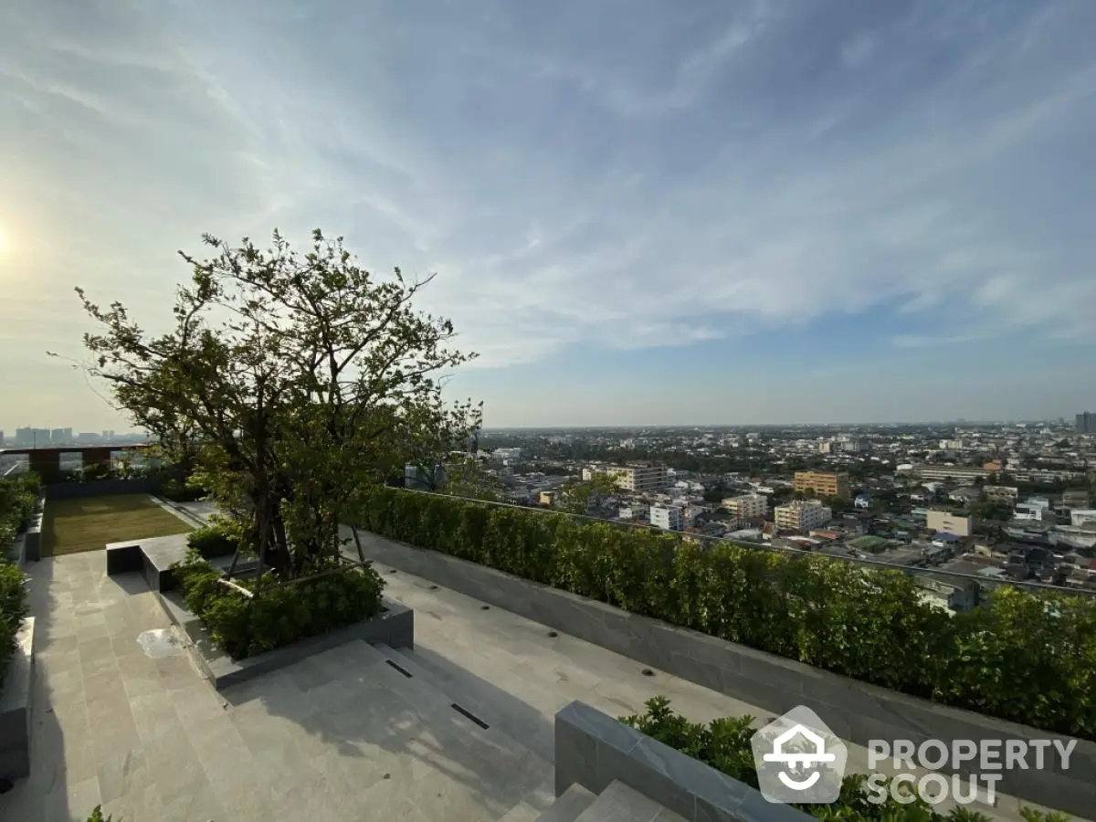 Stunning rooftop garden with panoramic city views and lush greenery