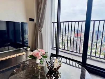 Luxurious living room with stunning city view and elegant decor