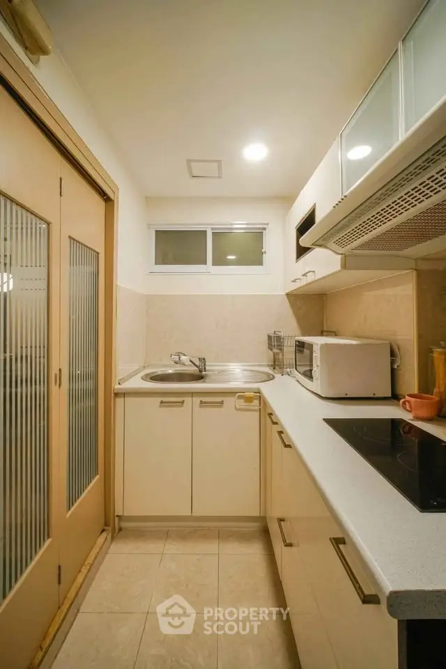 Compact kitchen with modern appliances and sleek cabinetry in a cozy apartment.