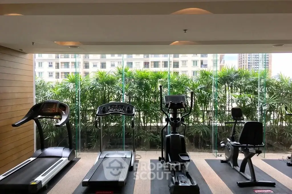 Modern gym with exercise equipment and large windows overlooking lush greenery.