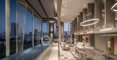Luxurious modern living room with stunning city view and infinity pool, featuring elegant decor and high ceilings.