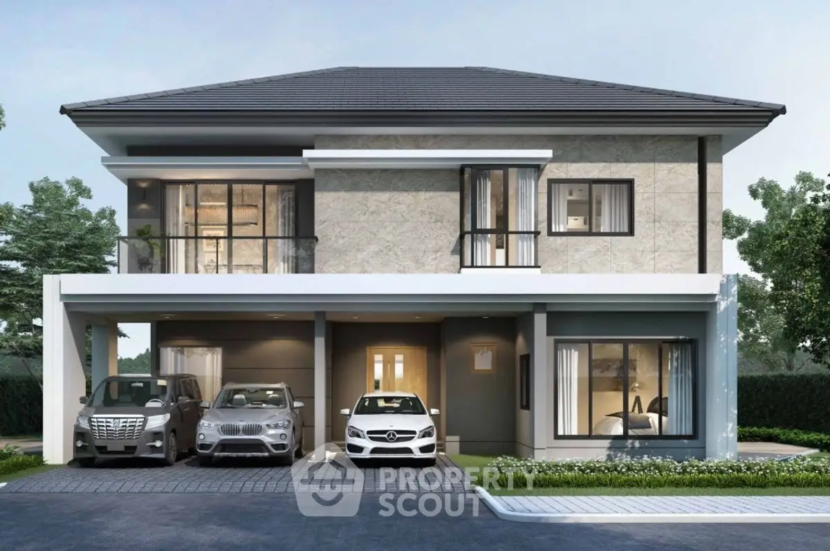 Modern two-story house with three-car garage and elegant facade
