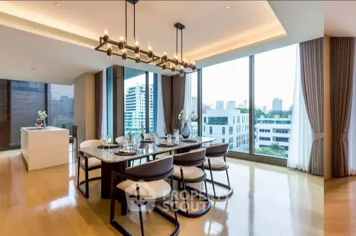 Luxurious dining area with panoramic city views and elegant lighting.