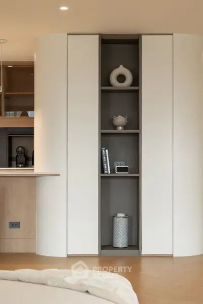 Modern living room with stylish built-in shelving and contemporary decor accents.