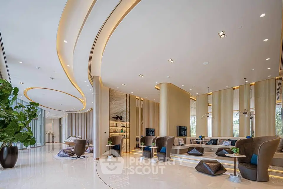 Luxurious modern living room with elegant curved ceiling and stylish furniture