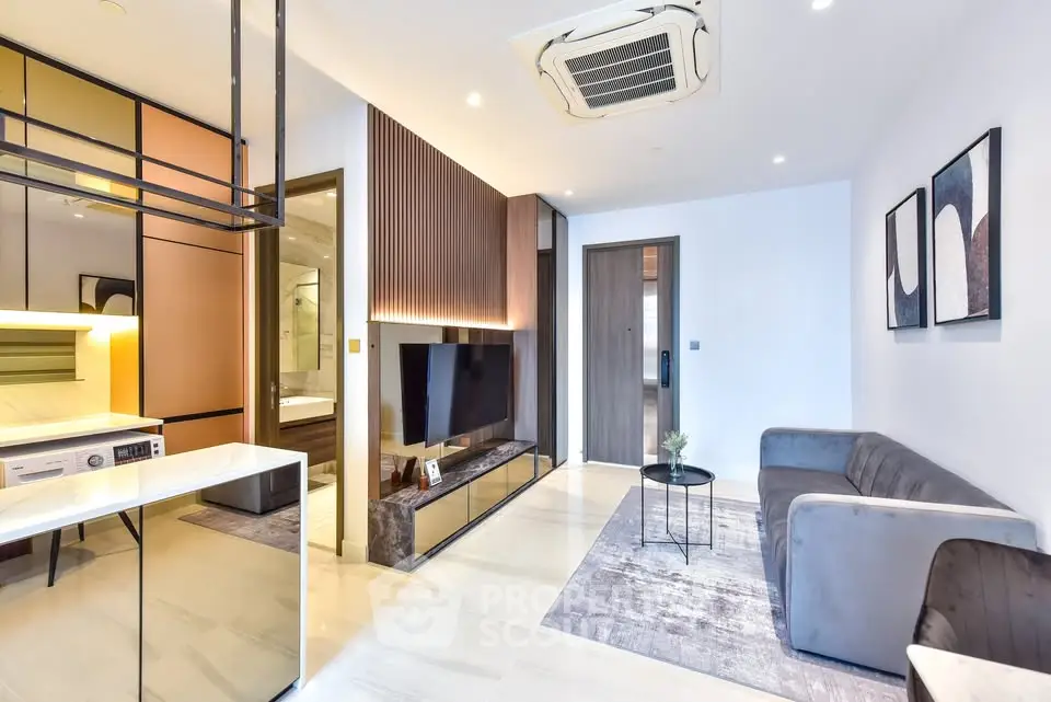 Modern living room with stylish decor and open kitchen layout