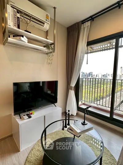 Modern living room with city view, stylish decor, and large window balcony access.