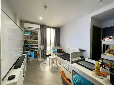 Modern bedroom with sleek design, featuring a cozy bed, organized shelves, and ample natural light.