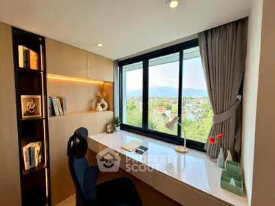 Modern study room with scenic view, sleek desk, and stylish shelving in a high-rise apartment.