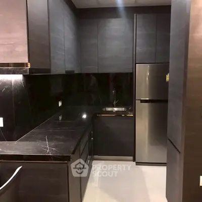 Modern kitchen with sleek dark cabinetry and stainless steel appliances