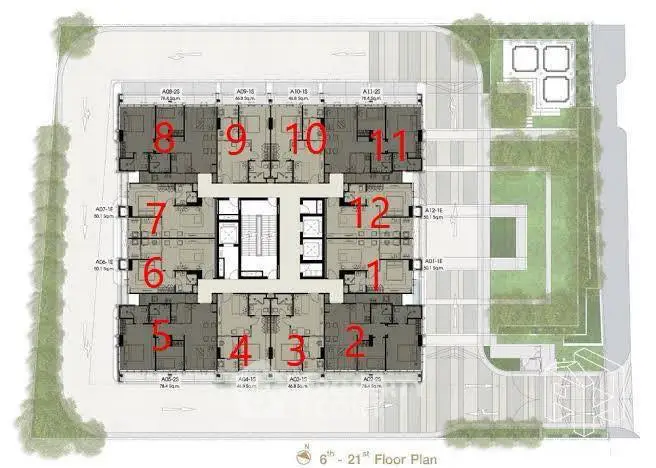 Detailed floor plan of a modern residential building with numbered units and green spaces.