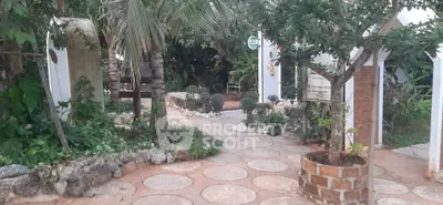 Charming garden entrance with lush greenery and stone pathway