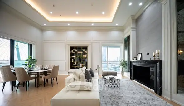 Luxurious modern living room with elegant dining area and large windows