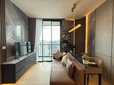 Luxurious modern living room with city view, elegant decor, and stylish furniture in high-rise apartment.