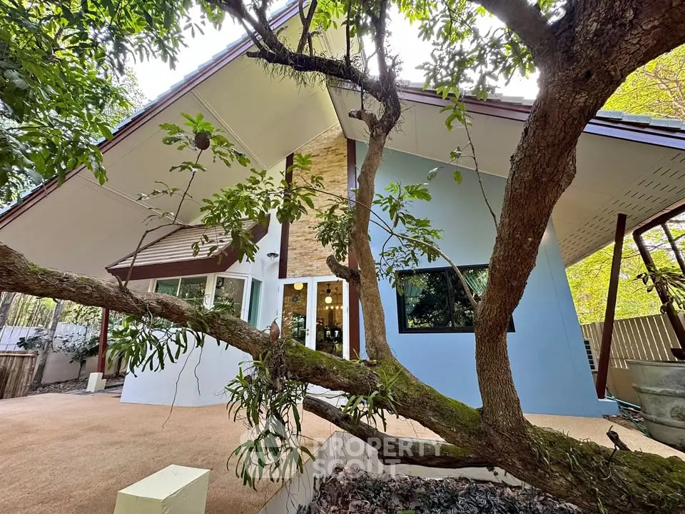 Charming modern house with unique architecture and lush greenery