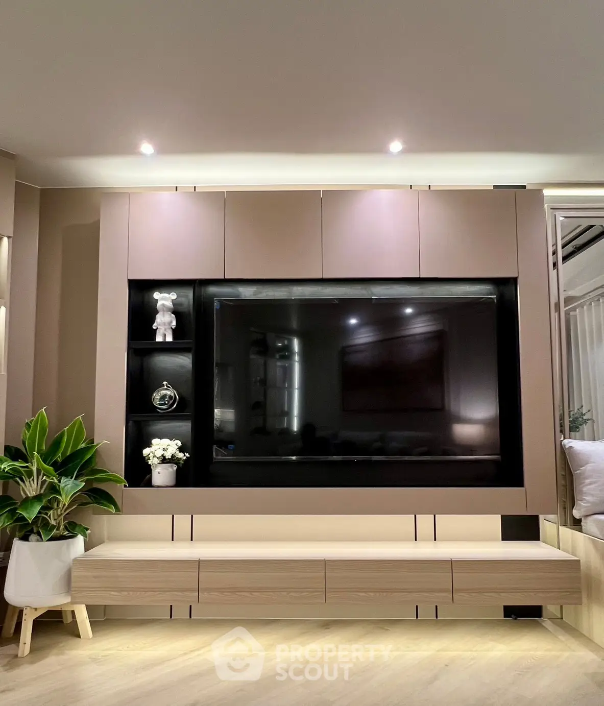 Modern living room with sleek TV unit and stylish decor