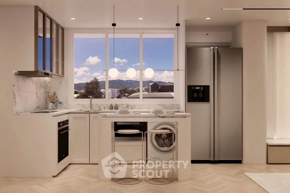 Modern kitchen with sleek appliances and scenic window view