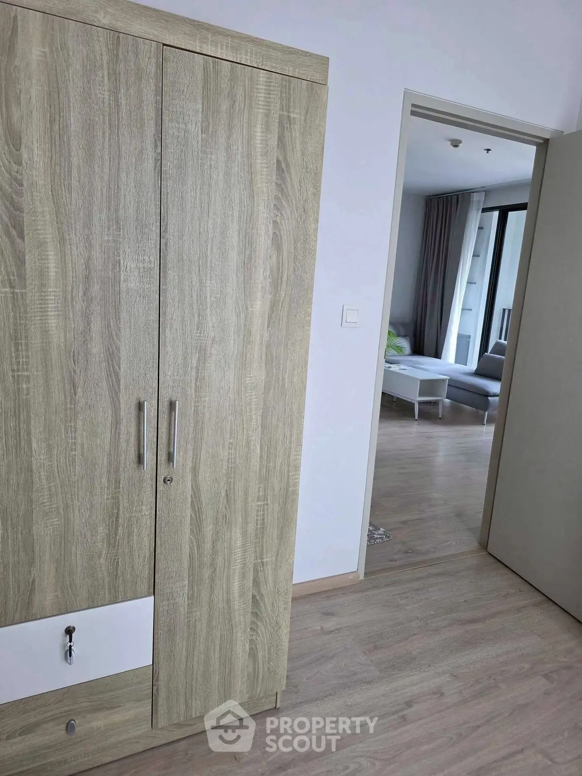 Modern apartment interior with wooden wardrobe and view into a bright living room.