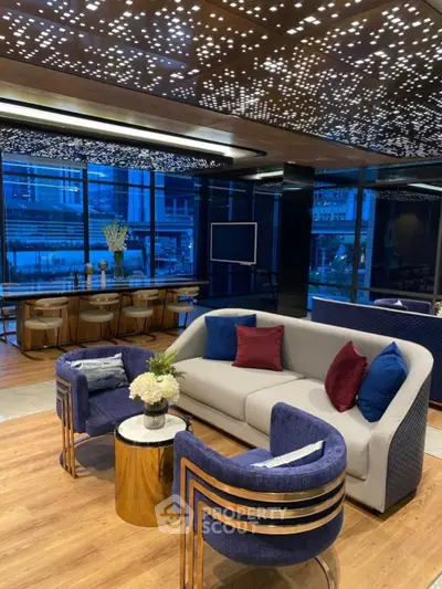 Luxurious modern living room with elegant decor and stunning city view