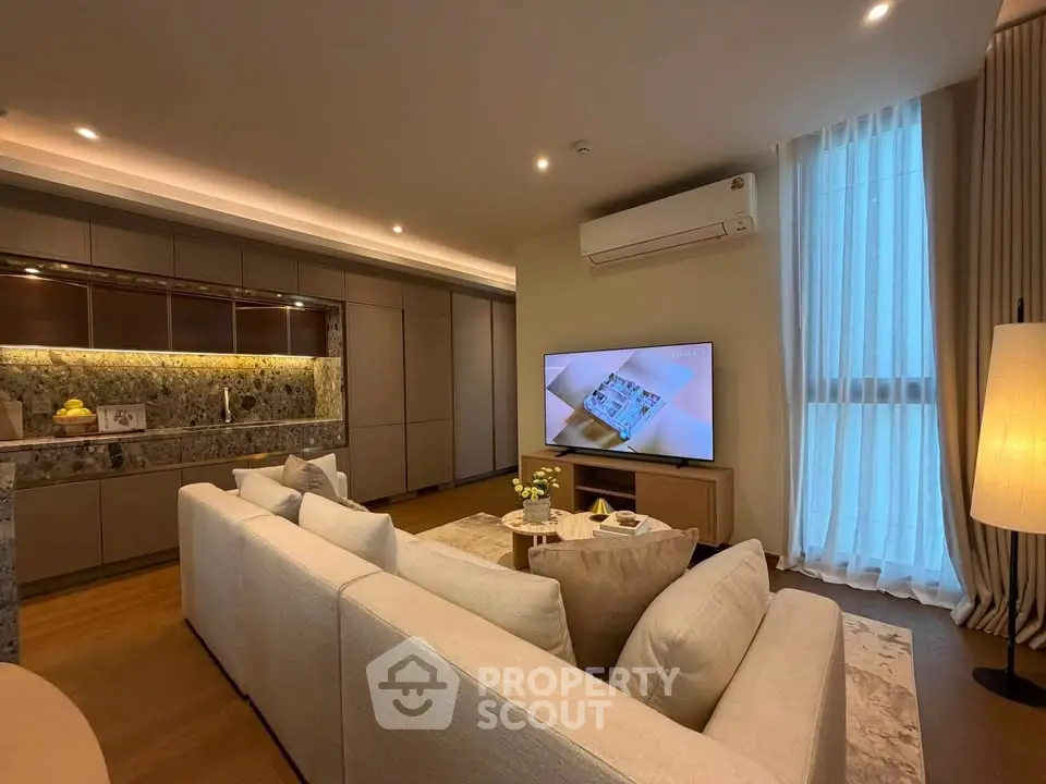 Luxurious modern living room with elegant decor and ambient lighting