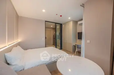 Modern bedroom with minimalist design and workspace