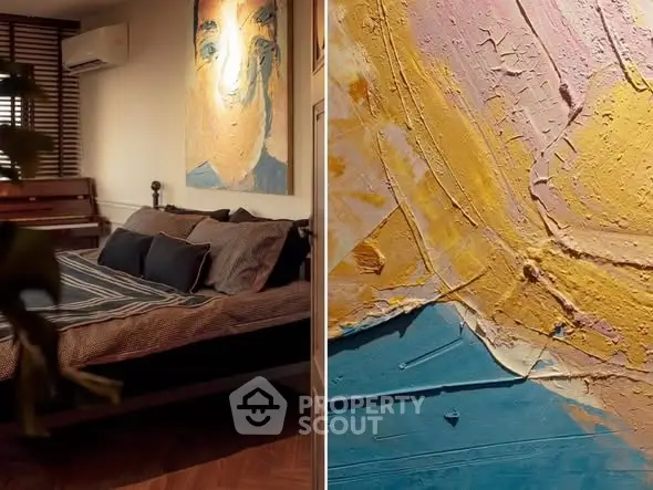 Cozy bedroom with modern art and stylish decor