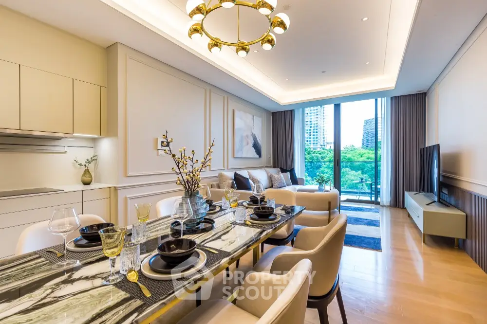 Luxurious modern living room with elegant dining area and city view balcony.