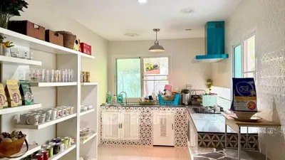 Charming kitchen with open shelving and modern appliances, featuring a unique tile backsplash and ample natural light.