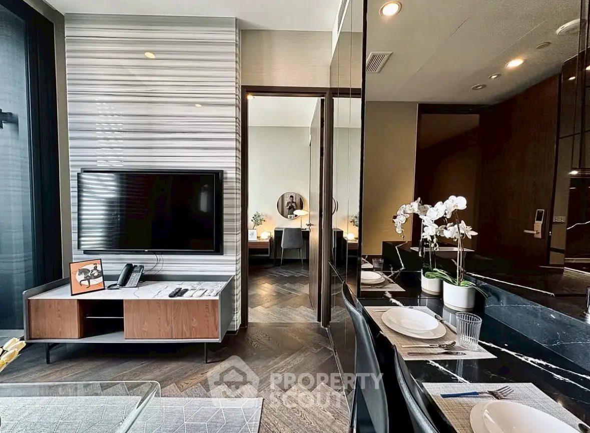 Luxurious modern living room with sleek design and elegant dining area