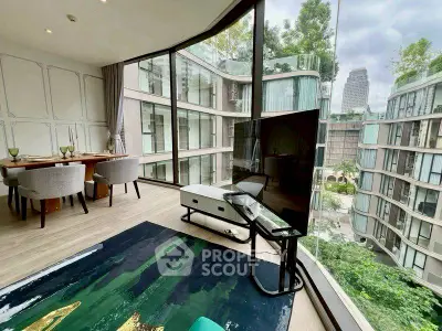 Luxurious modern living room with floor-to-ceiling windows and stunning city view