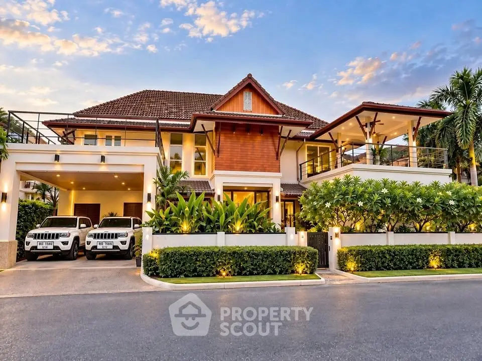 Luxurious tropical villa with spacious driveway and lush landscaping at sunset.