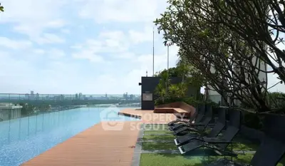 Luxurious rooftop infinity pool with stunning city views and modern lounge chairs.