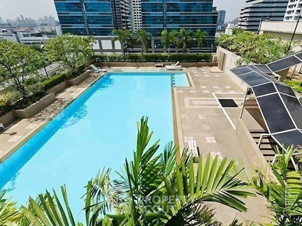 Luxurious rooftop pool with city skyline view and lush greenery