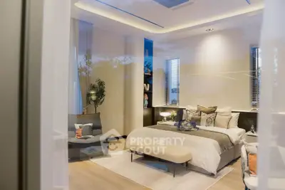 Luxurious modern bedroom with elegant decor and ambient lighting
