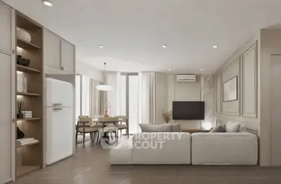 Modern open-plan living room with elegant dining area and sleek decor