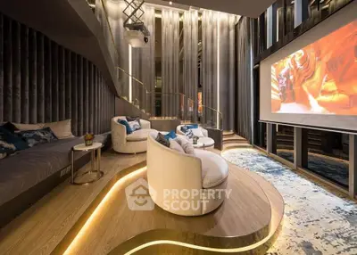 Luxurious modern living room with plush seating and large screen projector, perfect for entertainment.