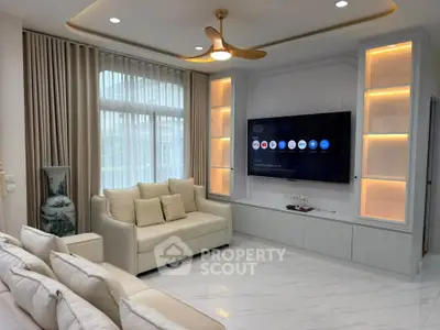 Luxurious modern living room with elegant lighting and large TV setup